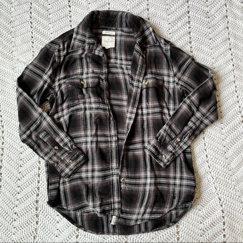 American Eagle Grey Distressed Flannel